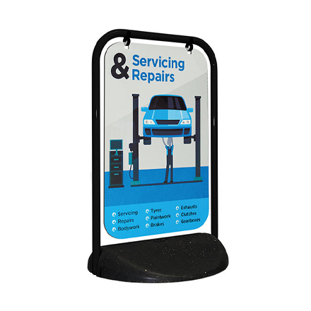 Black swing sign with colour print