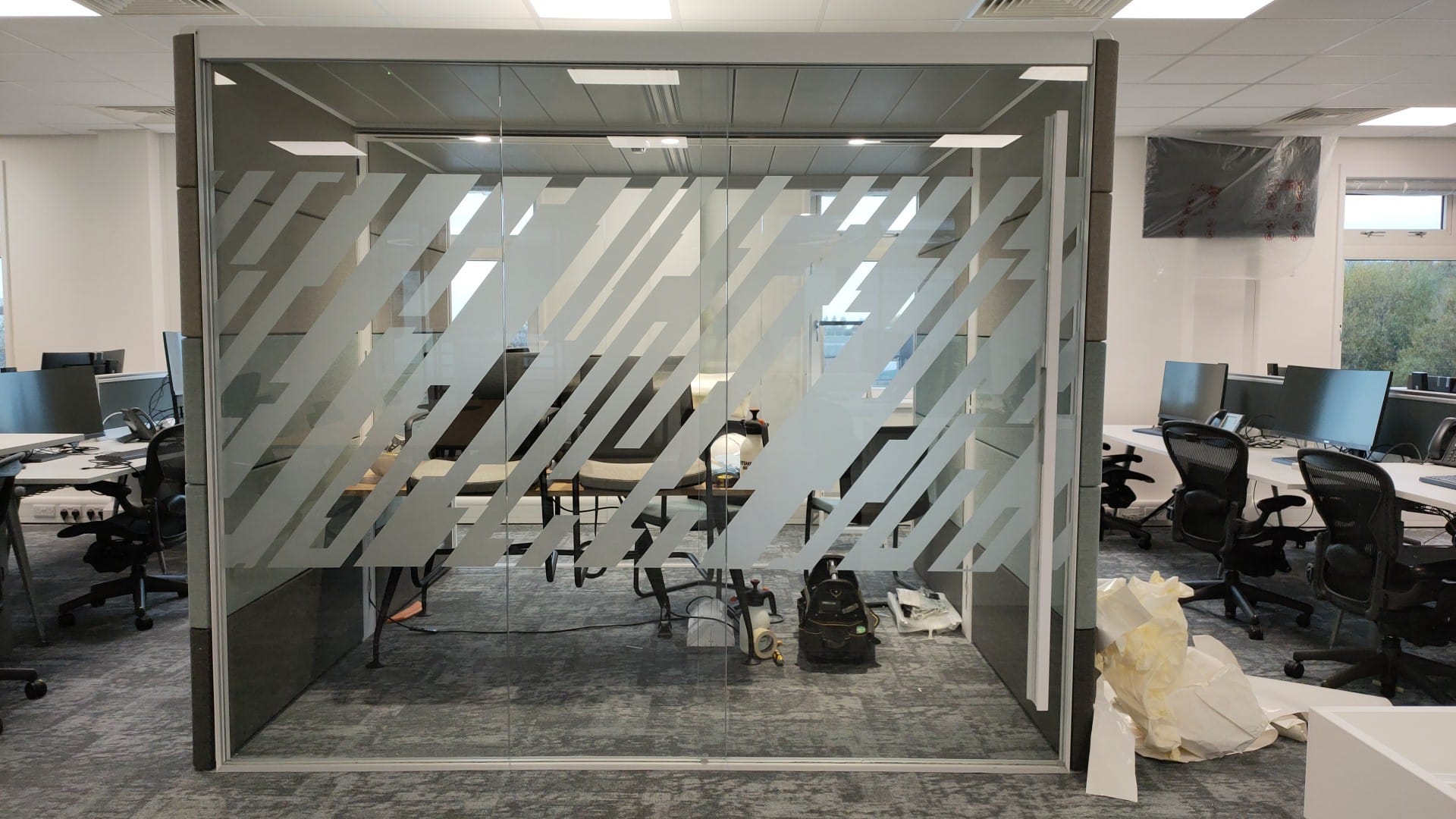 Frosted vinyl design applied to office window glass