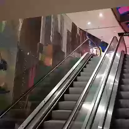 Wall graphics installed next to building escalator