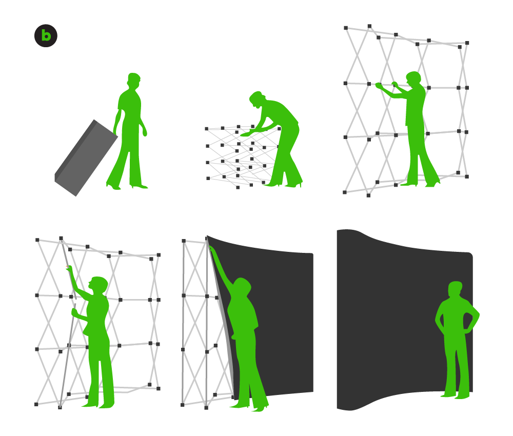 Step-by-step pop up stand setup diagram